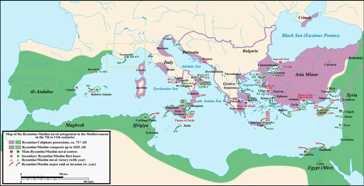 Karte der byzantinisch-muslimischen Seekonflikte von ca. 650 bis 1050 v. u. Z., einschliesslich der Lage von Fraxinetum im westlichen Mittelmeerraum.