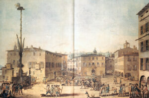 L’arbre de la liberté avec le chapeau de Tell sur la Piazza Grande à Lugano, 1799. Encre à la plume de Rocco Torricelli.