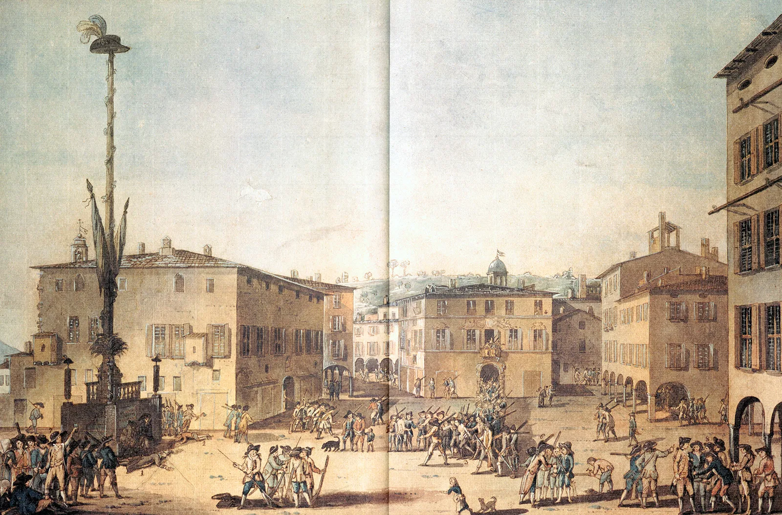 Der Freiheitsbaum mit Tellenhut auf dem Piazza Grande in Lugano, 1799. Federzeichnung von Rocco Torricelli.