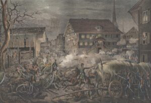 La deuxième expédition des Corps francs en 1845 (ici l’affrontement à Malters) creusa le fossé confessionnel et aboutit finalement à la guerre du Sonderbund.