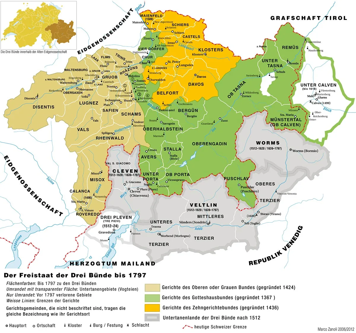 Historische Karte des Freistaats der Drei Bünde.