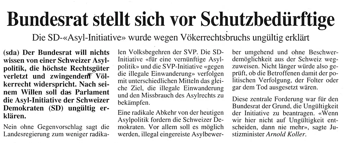 Arnold Koller und der Bundesrat setzten sich durch: Die «Asyl-Initiative» der Schweizer Demokraten wurde für ungültig erklärt. Titelseite des Thuner Tagblatts vom 24. Juni 1994.