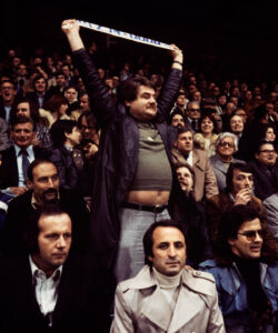 Football fan at a match between FC Zurich and Liverpool FC on 6 April 1977.