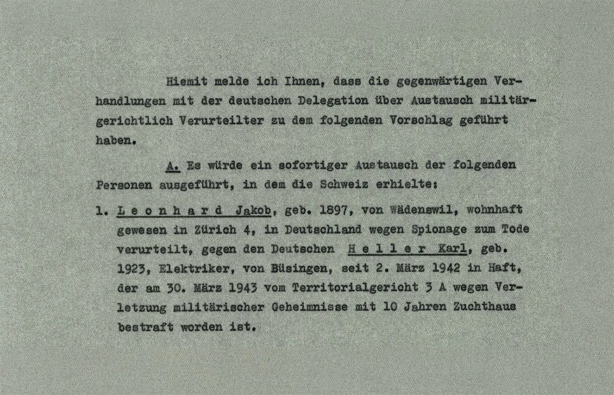 Swiss proposal from December 1944 for a prisoner exchange involving Jakob Leonhard and Karl Heller.