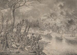 Scène de la guerre du Sonderbund: fusillade au bord de la Reuss vers Lunnern, 1847.