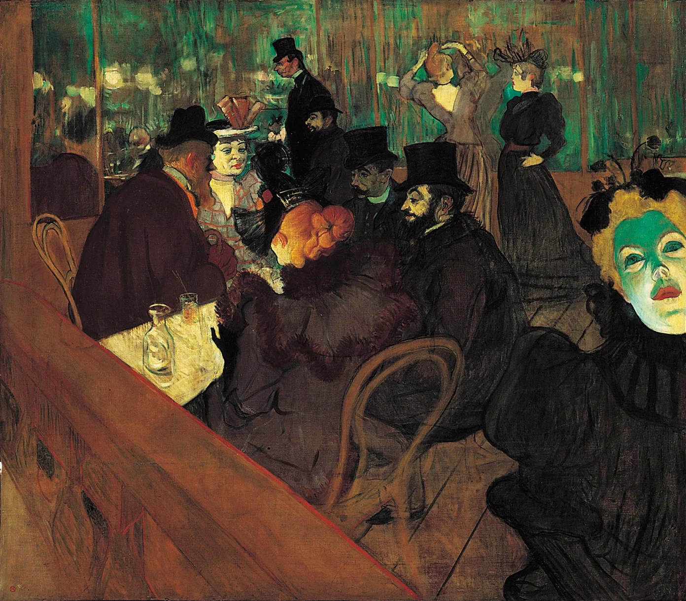 Dank des elektrischen Lichts war Schluss mit der grünlichen Beleuchtung der Gaslampen. Gemälde «Im Moulin Rouge» von Henri de Toulouse-Lautrec, 1892-1895.