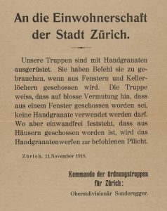 Aufruf an die Einwohner Zürichs während des Generalstreiks von 1918.