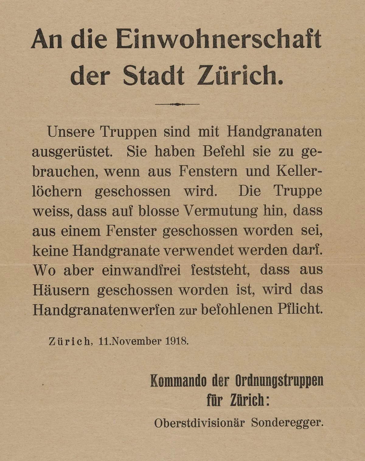 Aufruf an die Einwohner Zürichs während des Generalstreiks von 1918.