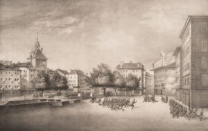 Die Regierungstruppen ziehen sich bei der Place Bel-Air am 7. Oktober 1846 zurück. Lithografie eines unbekannten Künstlers.