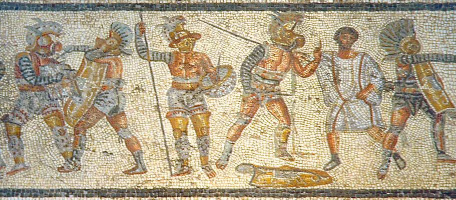 Gladiators from the Zliten Mosaic, Libya, ca. 200 CE.