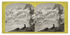 A woman admires a Valais glacier, around 1865.
