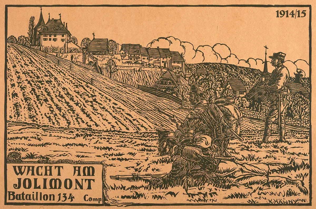 Ce qui est resté, c'est le souvenir. Comme cette gravure de Karl Hänny avec le château d'Erlach en arrière-plan. Des impressions en ont certainement été faites et distribuées aux troupes.