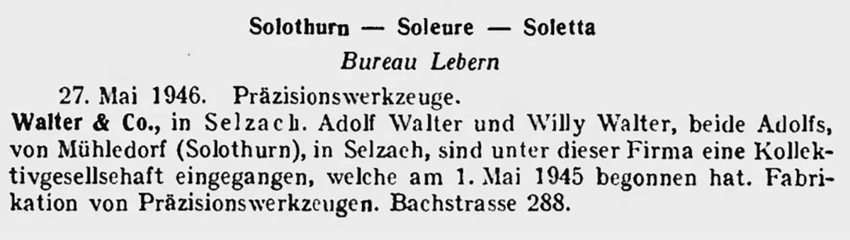 Die Gründung der Walter & Co. wurde im Mai 1946 im Handelsamtsblatt öffentlich bekanntgegeben.