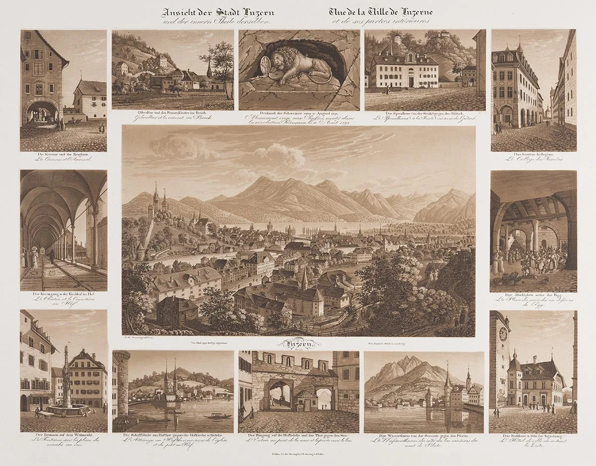 Gruppenstich der Stadt Luzern von Johann Baptist Isenring, um 1832.