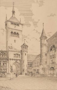 This ink pen drawing shows the museum courtyard with a view of the gate tower. The image was part of Zurich’s application to host the new national museum.