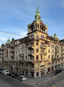 An array of historical styles: Gutenberghof on Frankenstrasse; intact, archetypal residential and commercial building, built in 1906 for Raeber printing plant. The name of the building honours the inventor of the printing press.