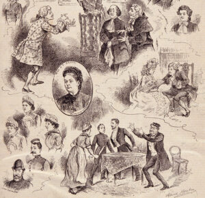 Gehörlose Schauspielerinnen und Schauspieler der «Hackney Mission to the Deaf and Dumb» führen Theaterstücke auf. Holzschnitt von 1884 (Ausschnitt).