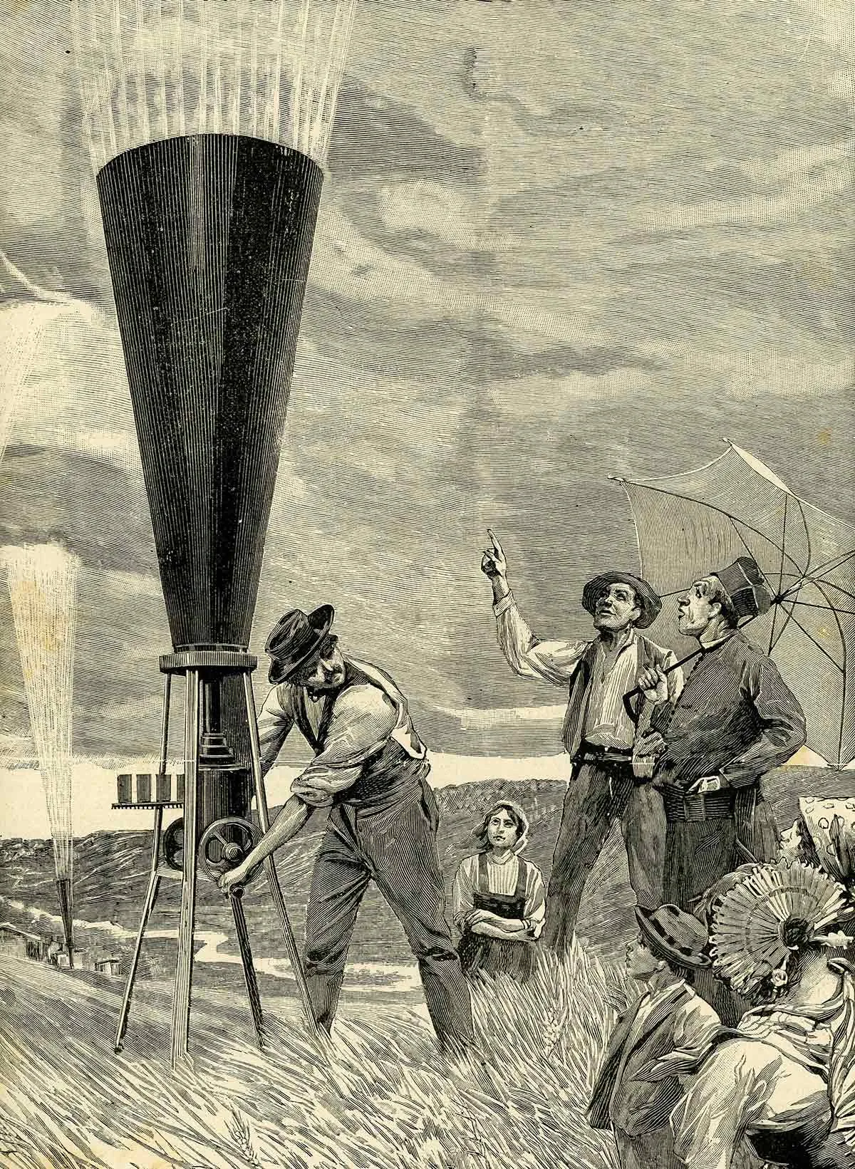 Einsatz von Hagelkanonen in einer Illustration von 1899.