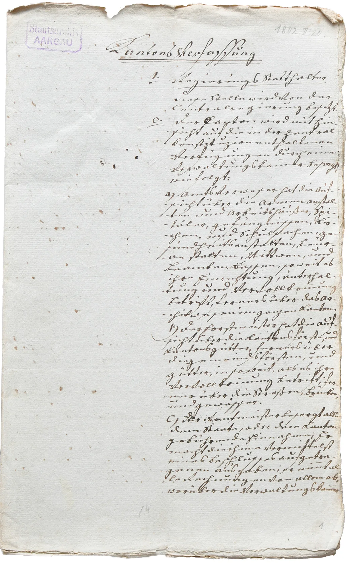 Handgeschriebene Verfassung des Kantons Fricktal, vom 20.2.1802