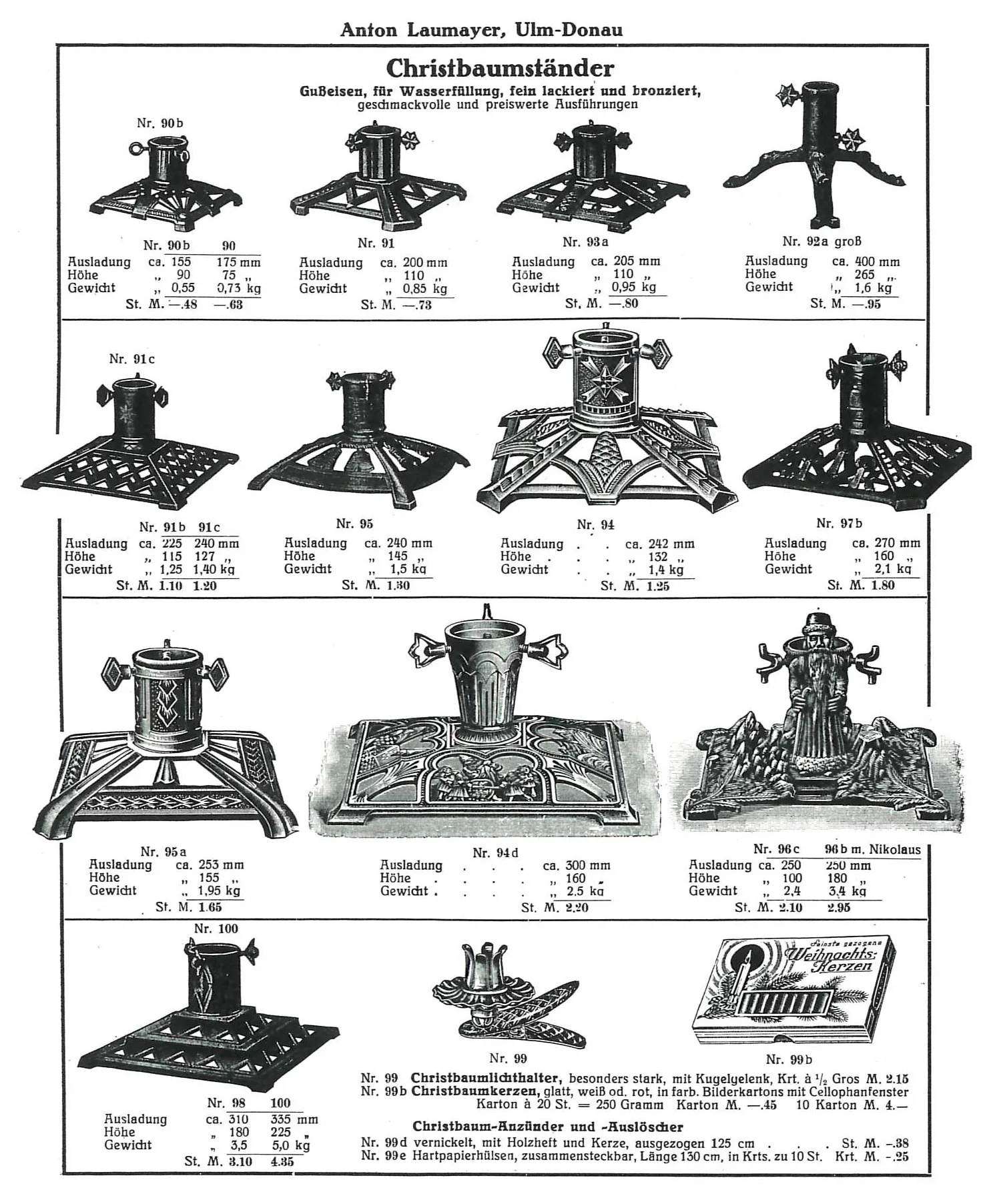 Weihnachtsbaumständer aus Gusseisen, abgebildet in einem Katalog eines deutschen Eisenwarenhändlers aus dem Jahr 1937.