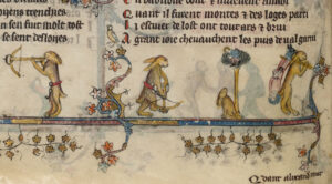 Verkehrte Welt: In den Marginalien des Alexanderromans von 1338-1410 finden sich allerhand skurrile Szenen, wie hier die Hasen auf der Menschenjagd.