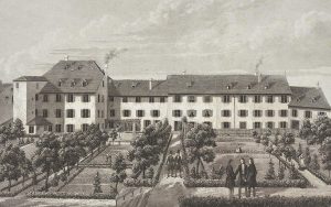 Maison de la Mission de Bâle. Gravure de Jakob Teophil Beck, vers la fin du XIXe siècle.