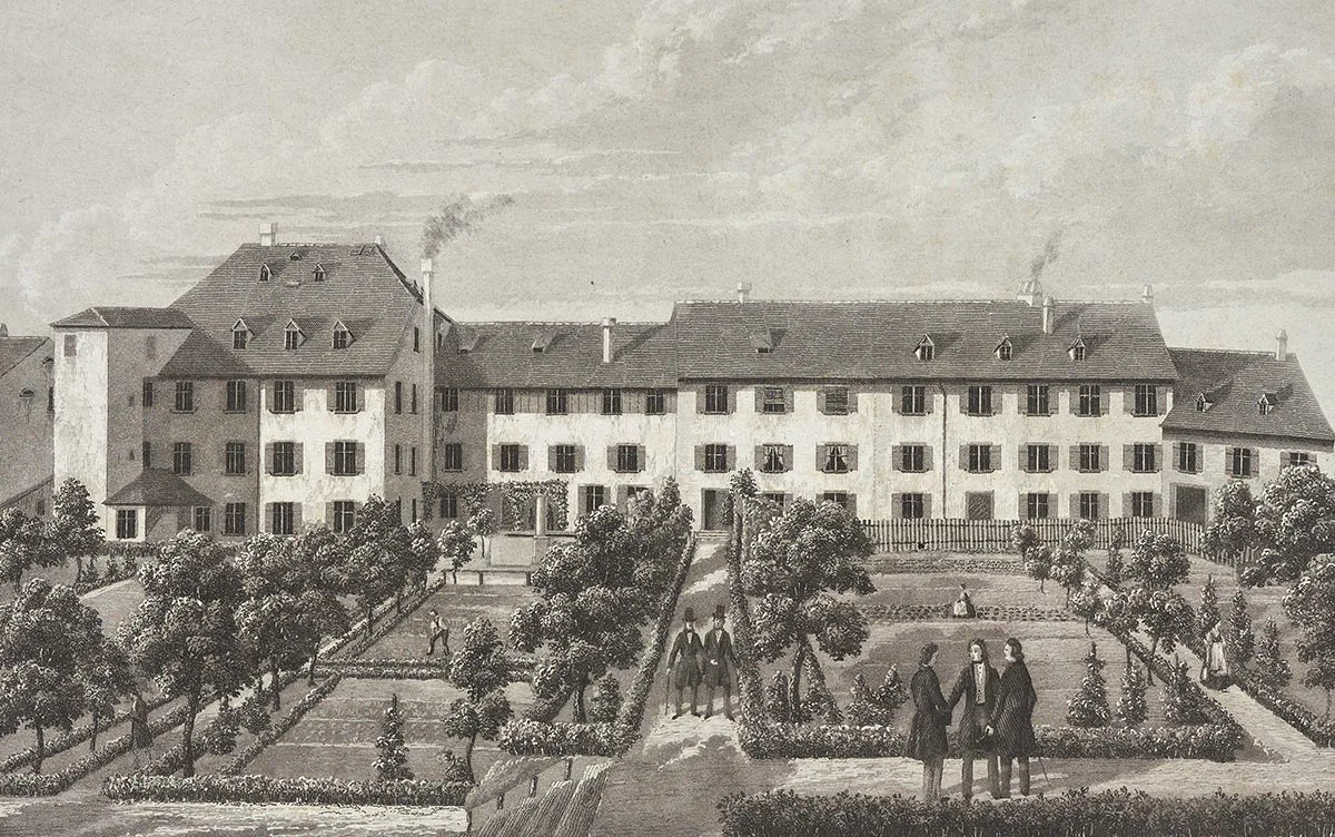 Eine Druckgrafik von Jakob Theophil Beck zeigt das Missionshaus in Basel, Ende 19. Jahrhundert.