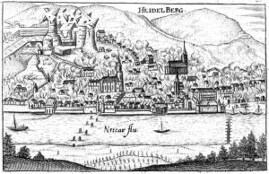 Heidelberg durant la guerre de succession du Palatinat: page de garde d’un ouvrage anonyme paru en 1693 et relatant la destruction méthodique de la ville et du château par incendie et explosions (extrait).