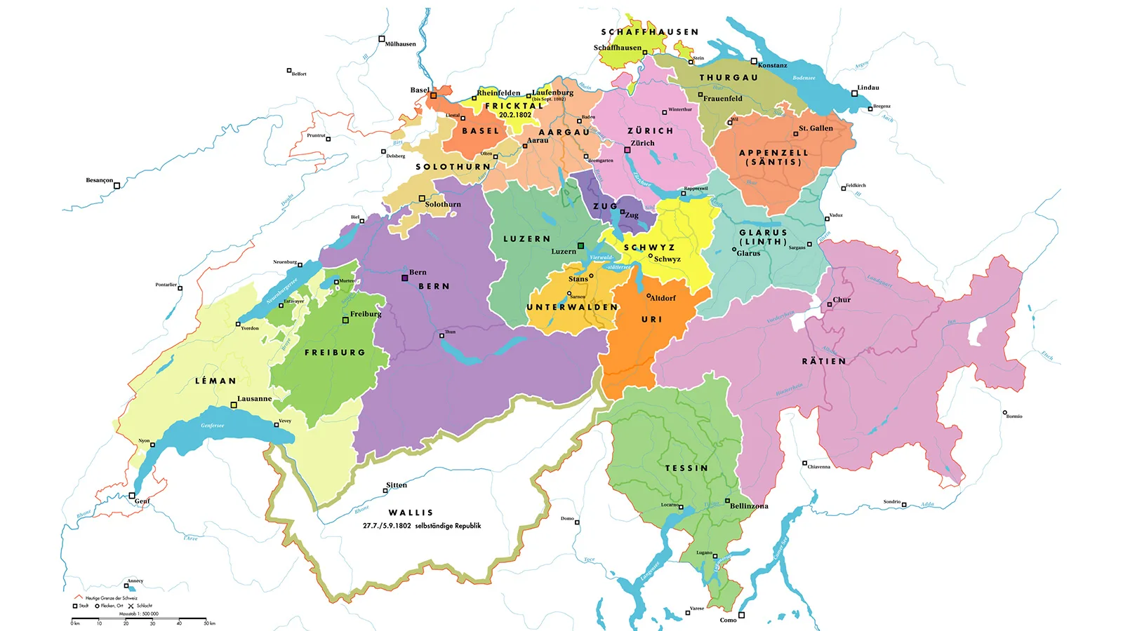 Die Helvetische Republik nach der Zweiten Helvetischen Verfassung vom 25. Mai 1802.