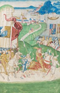 Im Frühjahr 1476 marschiert Herzog Karl der Kühne in prachtvoller Rüstung mit seinem burgundischen Heer in Savoyen ein. Im Hintergrund der Genfersee. Abbildung aus der Amtliche Berner Chronik von Diebold Schilling.