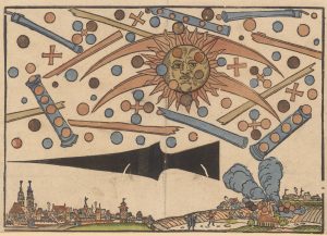 The celestial apparition in Nuremberg on 14 April 1561. Leaflet by Hans Glaser.