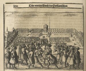 Depiction of Johann Rudolf Stadler’s execution on the Meidan-e Shah (Royal Square) in the third edition of the travelogue by Adam Olearius, published in 1663.