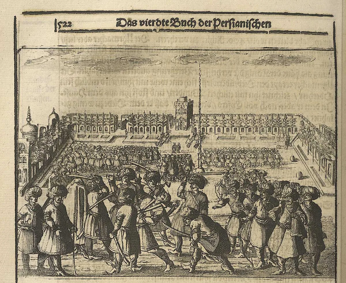 Darstellung der Hinrichtung von Johann Rudolf Stadler auf dem Meidan-e Schah in der dritten, 1663 erschienenen Auflage der Reisebeschreibung von Adam Olearius.