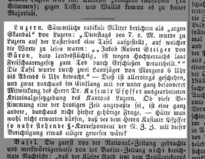 Annonce dans la Eidgenössische Zeitung du 13 août 1845 du 13 août 1845 de la condamnation de Jakob Robert Steiger à la peine de mort in effigie, autrement dit symbolique.