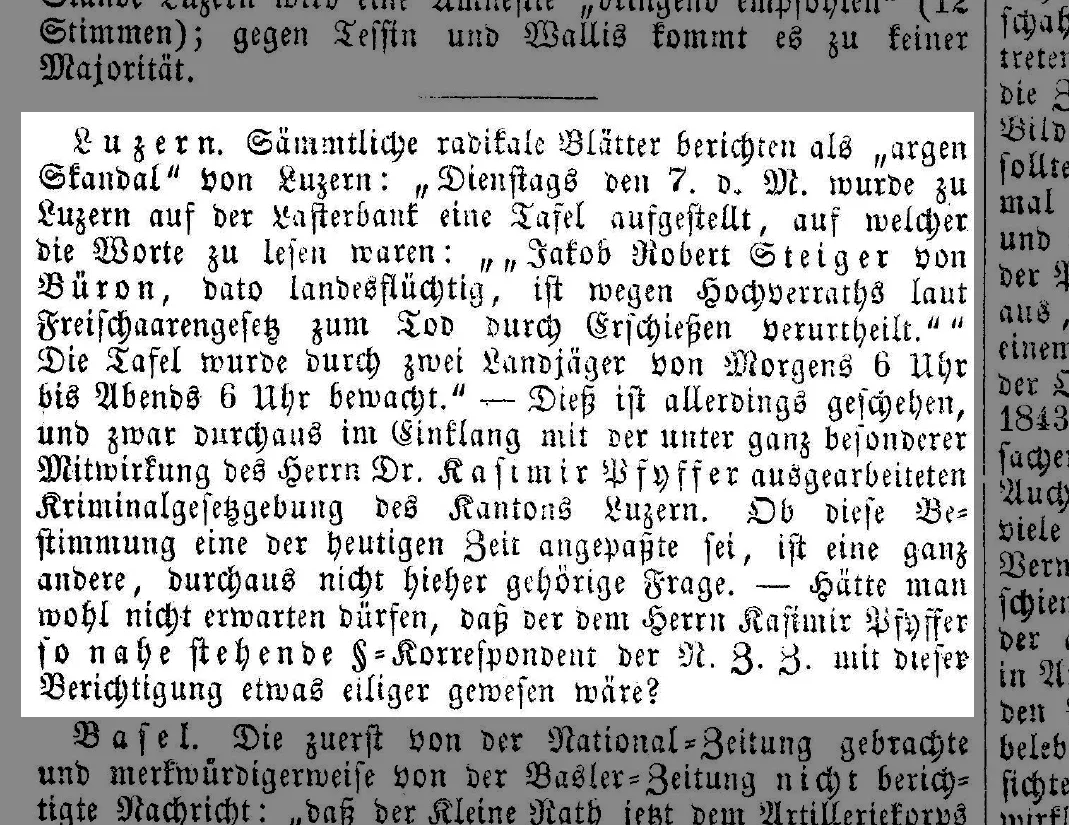 Hinweis in der Eidgenössischen Zeitung vom 13. August 1845 auf die Vollstreckung des Urteils gegen Jakob Robert Steiger in effigie, also symbolisch.