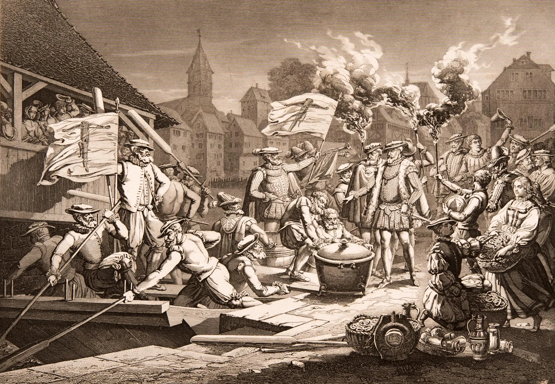 Die Zürcher schiffen sich am 20. Juni 1576 nach Strassburg ein. Radierung von Johann Konrad Werdmüller, um 1850.