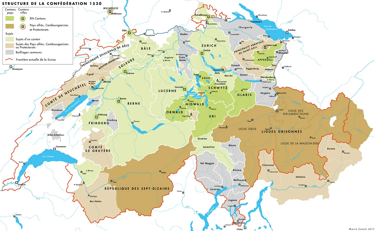 Carte de la Confédération vers 1530, illustrant son organisation autour des 13 anciens cantons.