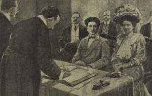 Louise épouse le musicien Enrico Toselli en secret à Londres. Illustration tirée de Das interessante Blatt, 3 octobre 1907.