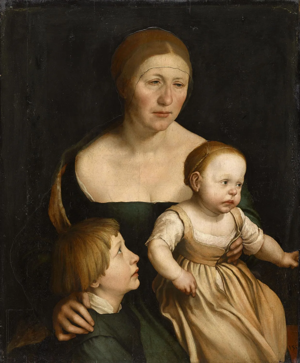 Bildnis von Holbeins Frau Elsbeth mit ihren zwei ältesten Kindern Katharina und Philipp, gemalt nach seiner Rückkehr aus England.