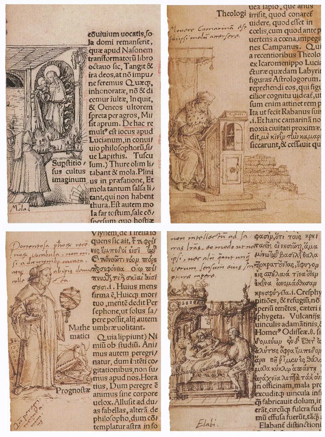 Einige der geistreichen Randzeichnungen von Hans Holbein für Erasmus’ «Lob der Torheit», um 1515 in Basel entstanden.