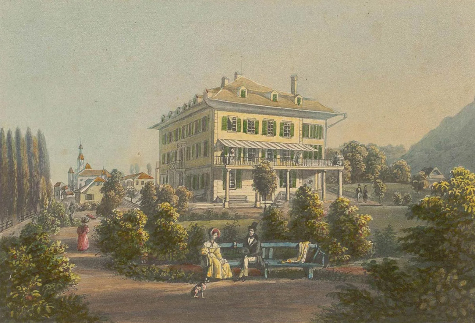 Hôtel de Bellevue à Thoune, Georg Straub, um 1840, Verlag H.F. Leuthold, Zürich.