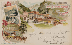 Halte sur le trajet: l’hôtel Löwe & Post à Mulegns, sur la route du col du Julier, vers 1900.