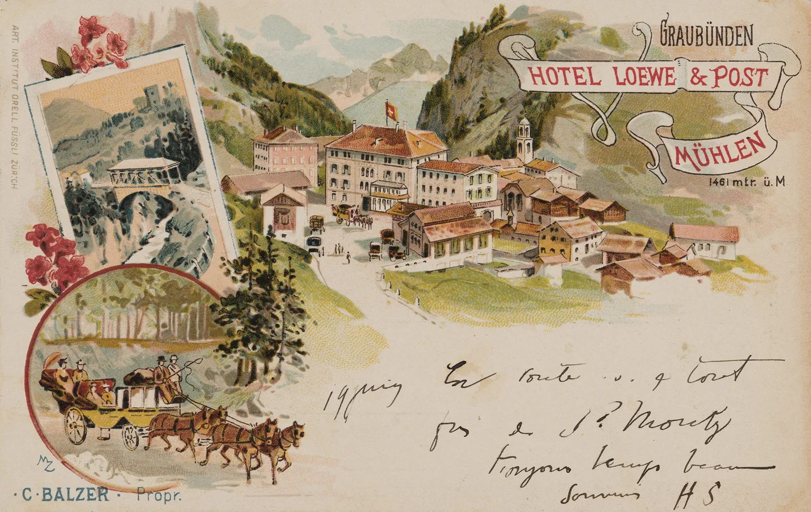 Zwischenhalt: Das Hotel Löwe & Post in Mulegns, an der Strasse zum Julierpass, um 1900.