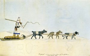 Dog Sledges at Fort Clark. Drawing by Maximilian zu Wied-Neuwied, 1833.
