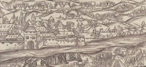 The siege of Dijon according to a woodcut in the Stumpf Chronicle. However, the woodcut was also used to illustrate other sieges of the Swiss Confederation. Around 1548.