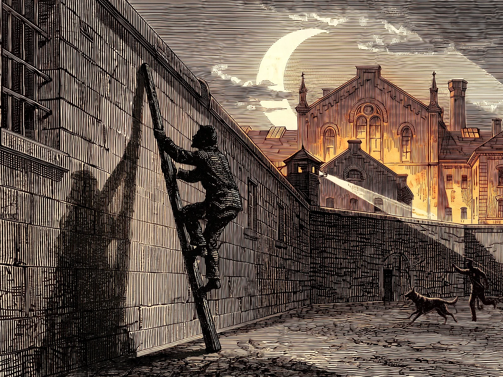 On 20 July 1876, Emil Bienz managed to escape from Basel’s Schällemätteli prison. However, he did not get far and subsequently had to stand trial for a triple murder. Illustration by Marco Heer.