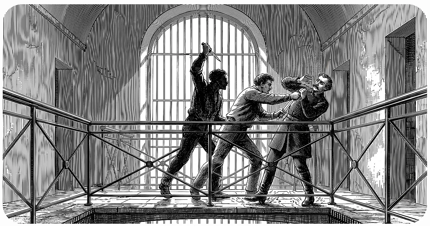 The two escapees stabbed the first prison guard they encountered right at the start of their escape. Illustration by Marco Heer.