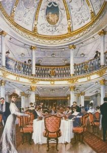 Illustration of the first class dining room on the Lusitania, around 1906.