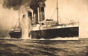 Illustration des Torpedo-Einschlags, kurz nach dem Treffer war die Lusitania in der Keltischen See versunken.