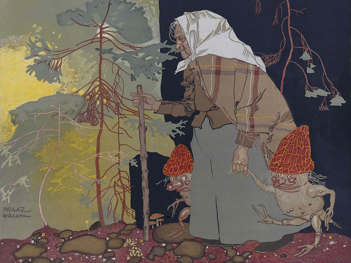 Pilze hatten lange Zeit etwas Unheimliches an sich und wurden oft als Teil der Hexerei gesehen. Illustration von Franz Wacik.